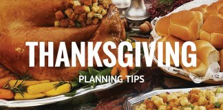 Thanksgiving table with turkey, stuffing and rolls