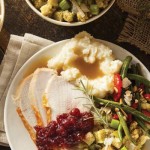 turkey, mashed potatoes, green beans and stuffing