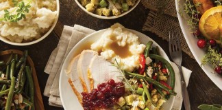 turkey, mashed potatoes, green beans and stuffing