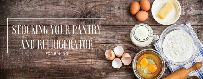 baking ingredients milk, eggs, flour, butter and rolling pin