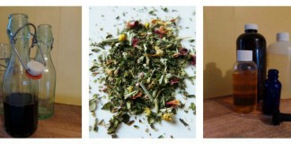 elderberry cough syrup, tea leaves, oils