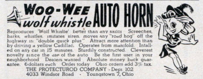 Woo-Wee Wolf Whistle auto horn ad 1948 Woo-Wee Wolf Whistle auto horn ad 1948