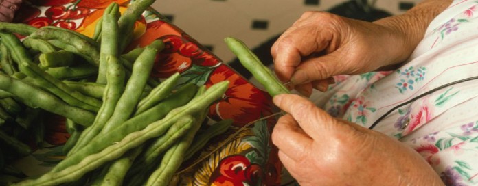 folk traditions Mae Bongalis strings beans for drying. The dried beans are known as leather britches. For Ms. Bongalis, canning and preserving foods is “MyTradition.” Photo by Lyntha Scott Eiler, Oct. 5, 1996.