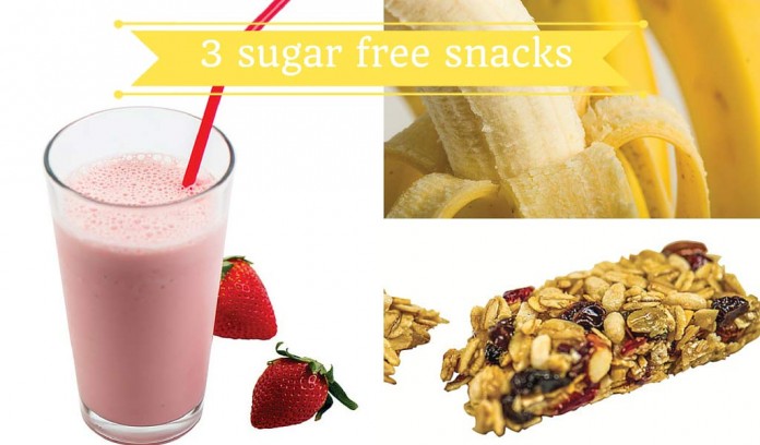 healthy snacks collage smoothie, banana and granola collage