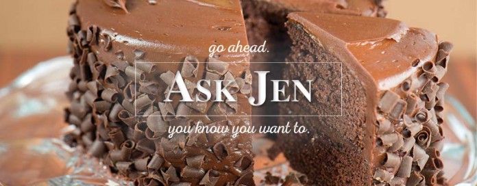 chocolate cake with Ask Jen text