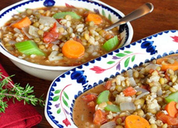 Barley Lentil Soup in a bowl and turrine