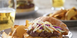 Carolina Barbecue Burger on a plate with chips.
