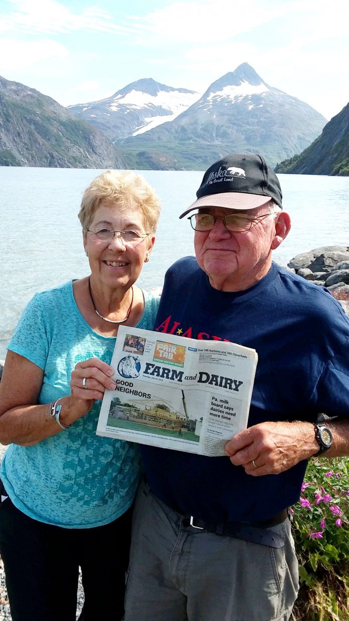 Wayne and Marilyn Johnson, of Bristolville, Ohio, took a two-week cruise to Alaska with Farm and Dairy in August. They visited most of the port cities. This scenic picture of glaciers is in front of Portage Lake at the end of Turnagain Arms Bay southeast of Anchorage.