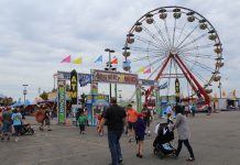 People and amusement rides at a fair.