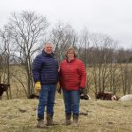 Turner Shorthorns relies on conservation to farm over former silica mine A man in a blue coat and a woman in a red coat stand in a pasture with several shorthorn cattle in the background.
