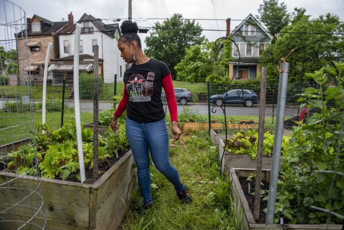 Homewood Historical Community Farm A woman stands in a garden at a community farm, in Pittsburgh.