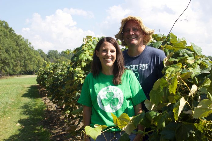 molly's_vineyard_2 A man and a woman stand in a vineyard.