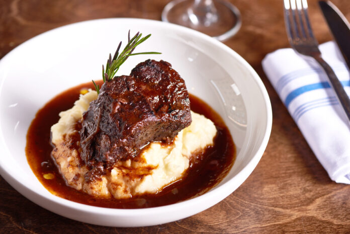 Braised Short Ribs and Mashed Potatoes in White Dish