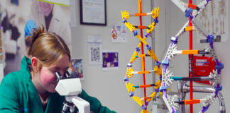 Something for everybody: Ohio leads the way in career and technical education high school student looks through microscope with helix models on table