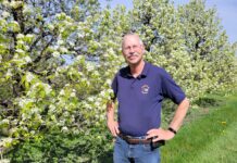 Simmons family moves on from Peace Valley Orchards A white man stand in front of a tree with lots of white flowers on it