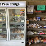 open "little free fridge" with food sits beside an open shelf of food
