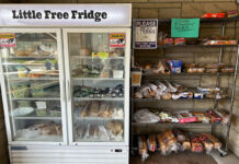 Rescuing food for Aliquippa open "little free fridge" with food sits beside an open shelf of food