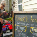 Two women stand next to table full of plants with sign in the foreground that says Ellsworth Acres