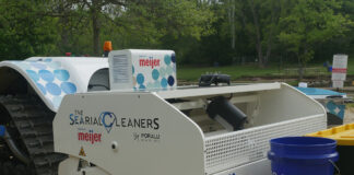 The front end of the BeBot which sifts through sand and picks up debris has a camera inside the cage area so a single person can monitor its progress. Photo taken on May 18 at Hinckley Lake Reservation.Credit: Nella Citino