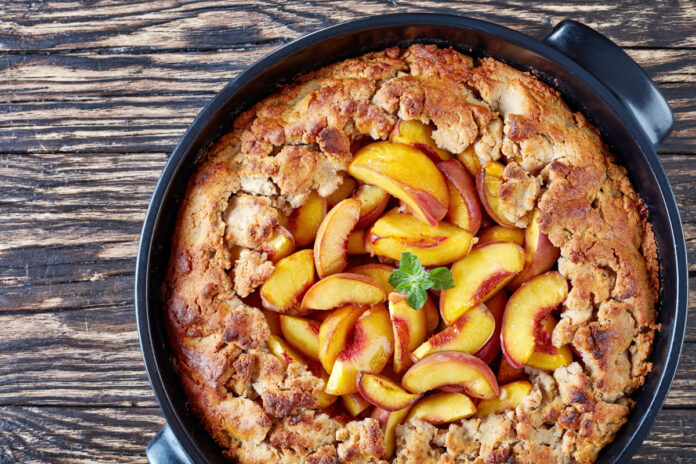 Southern peach crumble with sweet pastry crust Cast Iron Peach Cobbler