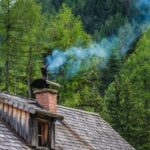 Chimney fire brown wooden house near green trees during daytime