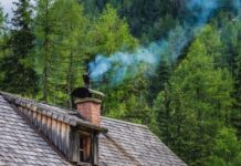 Chimney fire brown wooden house near green trees during daytime