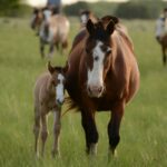 New foals are pure joy mother horse and young horse together on grass during daytime