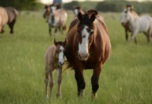 New foals are pure joy mother horse and young horse together on grass during daytime