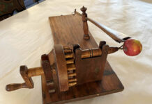 With apple butter parties, play preceded the work mechanical wooden apple peeler